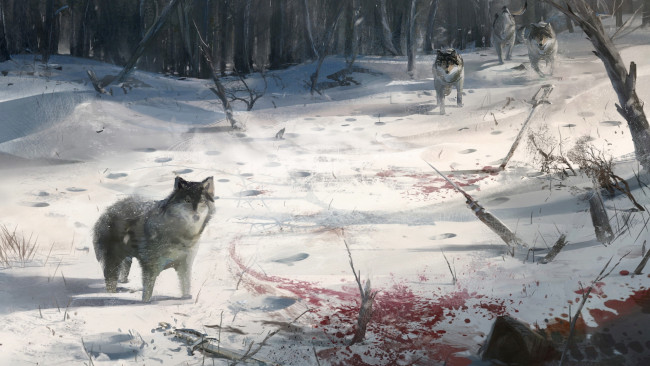 Обои картинки фото рисованные, животные, волки, зима, снег, лес