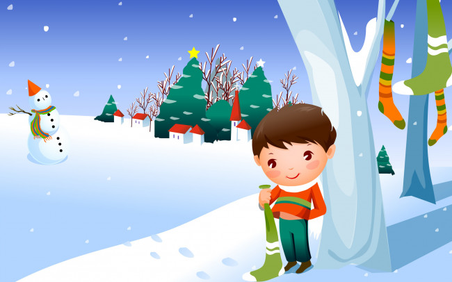 Обои картинки фото праздничные, векторная, графика, новый, год, мальчик, носки, дерево, снег, ёлки, дома, снеговик