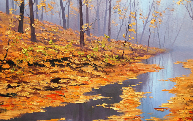 Обои картинки фото осень, рисованные, живопись, лужа, листья, картина
