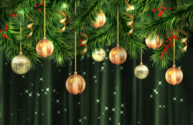 Обои картинки фото праздничные, векторная, графика, новый, год, шарики, елка