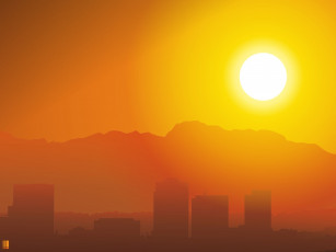 Картинка векторная+графика закат небо город здания горы солнце