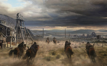 Картинка фэнтези всадники +наездники руины ковбои лошади погоня прерия
