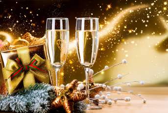 Картинка праздничные угощения подарок новый год шампанское бокалы happy new year украшения