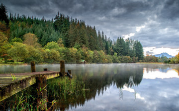 Картинка природа реки озера озеро лес отражение тучи мостик
