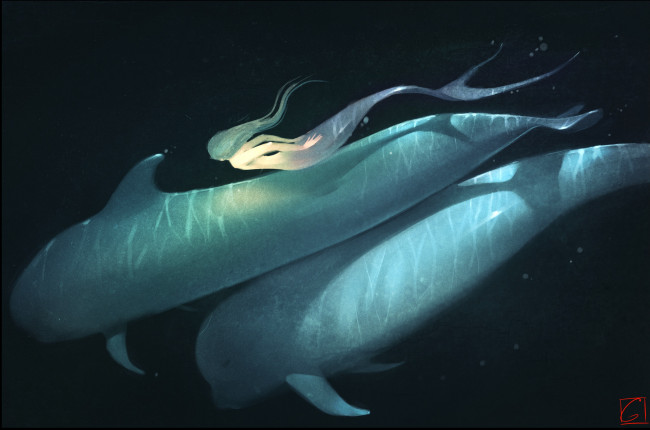 Обои картинки фото gaudibuendia, фэнтези, русалки, киты, арт, русалка, вода, море