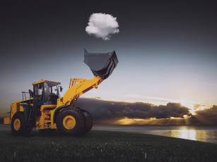 Картинка техника фронтальные+погрузчики трактор солнце облака озеро
