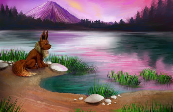 Картинка рисованное животные +собаки озеро собака взгляд