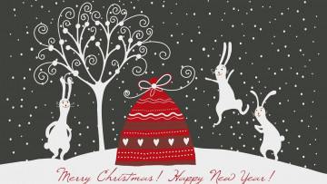 обоя праздничные, векторная графика , новый год, зайцы, снег, дерево, мешок