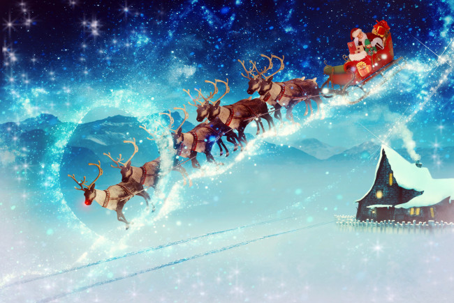 Обои картинки фото праздничные, векторная графика , новый год, олени, санта, клаус, дед, мороз