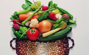 Картинка еда фрукты+и+овощи+вместе фасоль спаржа лук цукини помидоры
