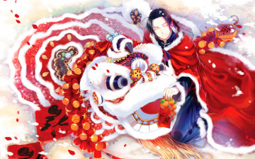 Картинка аниме merry chrismas winter мандарины новый год подарки красная мантия мужчина