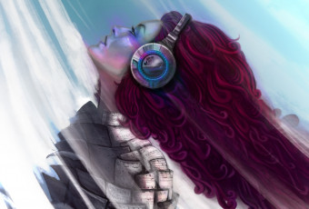 Картинка фэнтези девушки наушники профиль красные волосы девушка арт музыка
