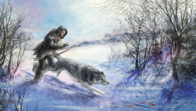 Обои картинки фото фэнтези, люди, зима, волк, животное, охотник, деревья, снег, арт