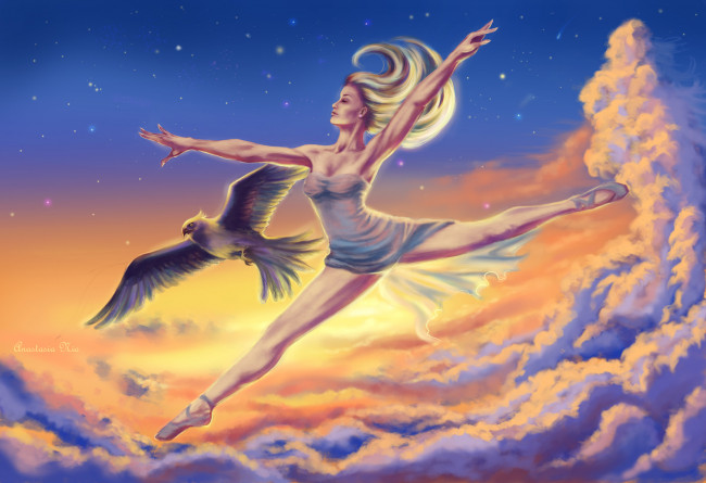 Обои картинки фото фэнтези, девушки, арт, облака, небо, птица, волосы, профиль, балерина, девушка