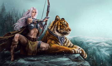 Картинка фэнтези эльфы хищник животное стрела поза лук взгляд эльфийка тигр снег арт