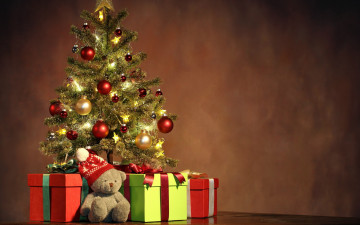 Картинка праздничные Ёлки коробки ёлка украшения мишка подарки