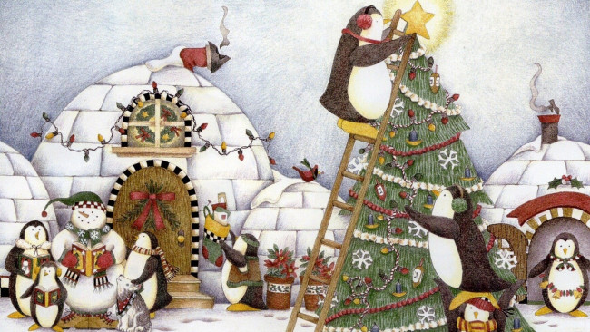 Обои картинки фото праздничные, рисованные, гирлянды, снеговик, пингвины, иглу, ёлка, лестница