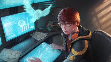 Картинка аниме mystic+messenger взгляд арт парень наушники монитор мужчина очки птица