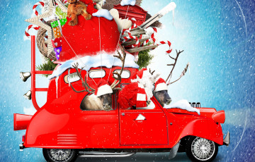 обоя праздничные, дед мороз,  санта клаус, автомобиль, новый, год, санта-клаус, игрушки, снежинки, снег, дед, мороз, подарки, праздник, фон, плюшевые, леденцы, олени, красный, креатив, колокольчики, фотошоп, мешок, рождество