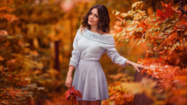 Обои картинки фото девушки, - брюнетки,  шатенки, осень, кленовые, листья