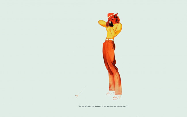 Обои картинки фото рисованное, alberto vargas, девушка, пин-ап, ружье, шляпа, штаны