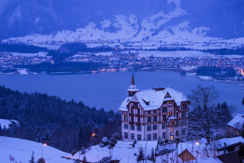 обоя монтрё,  швейцария, города, - пейзажи, швейцария, зима, пейзаж, озеро, деревня, здание, синий, фиолетовый