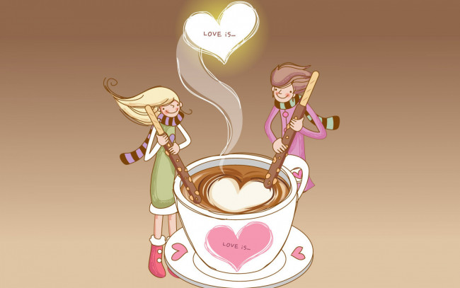 Обои картинки фото рисованное, люди, пара, сердечки, чашка, кофе, палочки