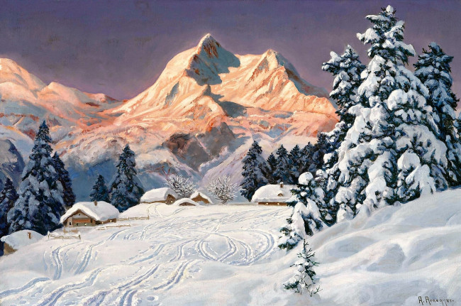 Обои картинки фото alois arnegger, рисованное, горы, зима, снег, деревня