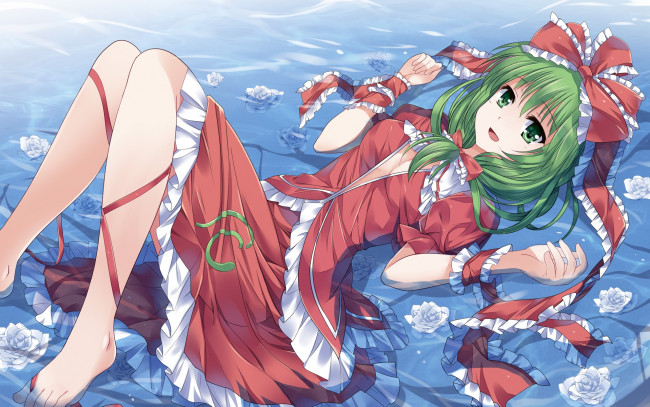 Обои картинки фото аниме, touhou, девушка, платье, бантик, вода, улыбка