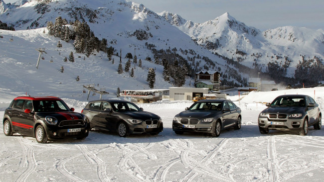 Обои картинки фото mixed, автомобили, bmw, горы, снег, бмв, мини