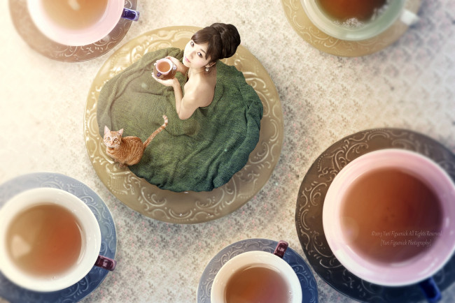 Обои картинки фото -Unsort Азиатки, девушки, unsort, азиатки, чашки, кот, чай