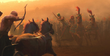Картинка фэнтези люди египтяне колесницы битва лошади сражение лучники