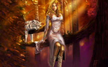 Картинка фэнтези девушки лицо девушка хищник деревья белый тирг сапожки платье ветки голубые глаза взгляд волосы сидит роза цветок