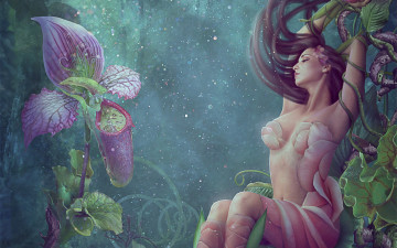 Картинка фэнтези девушки лицо профиль сидит девушка ядовитый плющ растения волосы