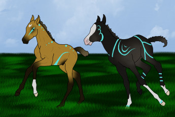 обоя рисованное, животные,  лошади, трава, лето, лошадки