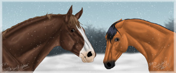 Картинка рисованное животные +лошади снег фон лошади
