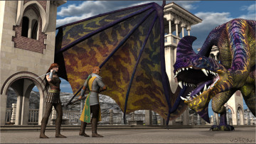 Картинка 3д+графика фантазия+ fantasy дракон оружие мужчина фон девушка взгляд