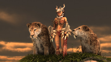 Картинка 3д+графика фантазия+ fantasy львы фон взгляд девушка
