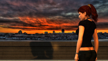 Картинка 3д+графика люди+ people облака закат город фон взгляд девушка