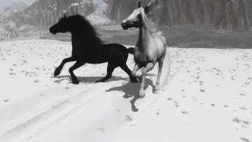 Картинка 3д+графика животные+ animals бег лошади снег