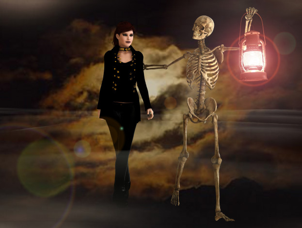 Обои картинки фото 3д графика, ужас , horror, скелет, фон, взгляд, девушка, фонарь