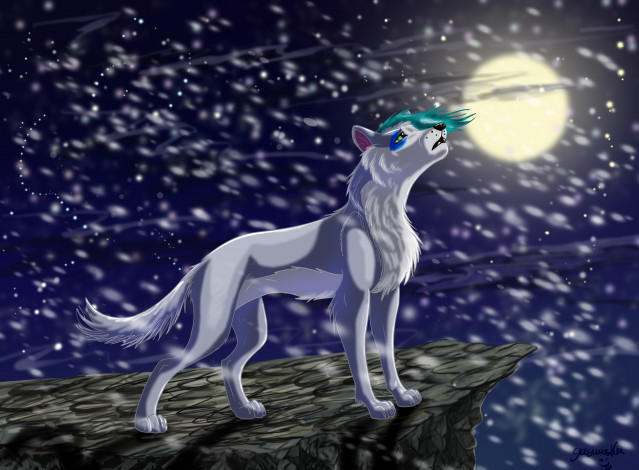 Обои картинки фото рисованное, животные,  волки, луна, снег, волк