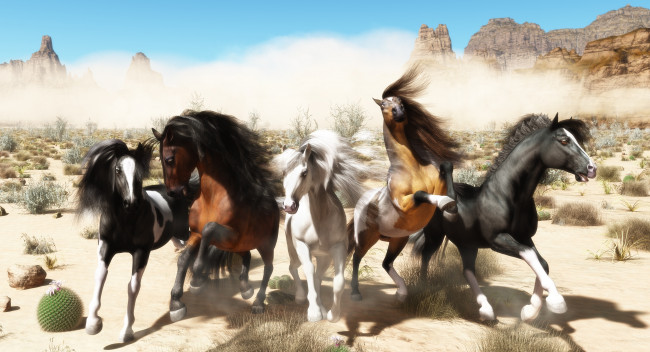 Обои картинки фото 3д графика, животные , animals, галоп, лошади, бег, пыль, горы, пустыня