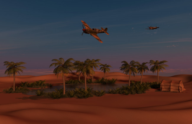 Обои картинки фото 3д графика, армия , military, пустыня, оазис, самолеты