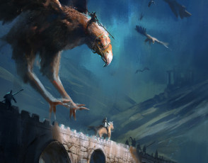 Картинка фэнтези существа арт полет фантастика крылья птица мост