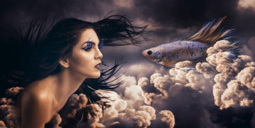 Картинка фэнтези фотоарт ресницы рыба девушка синий арт