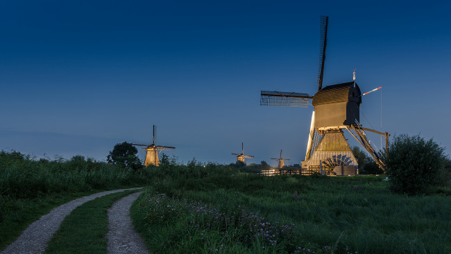 Обои картинки фото разное, мельницы, дорога, вечер, небо, нидерланды, ветряная, мельница