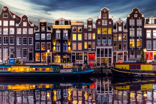 Обои картинки фото города, амстердам , нидерланды, канал, огни, дома, вечер, амстердам, город