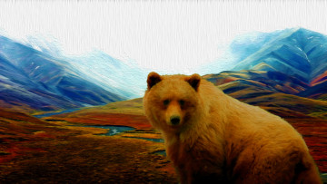 обоя рисованное, животные,  медведи, горы, медведь