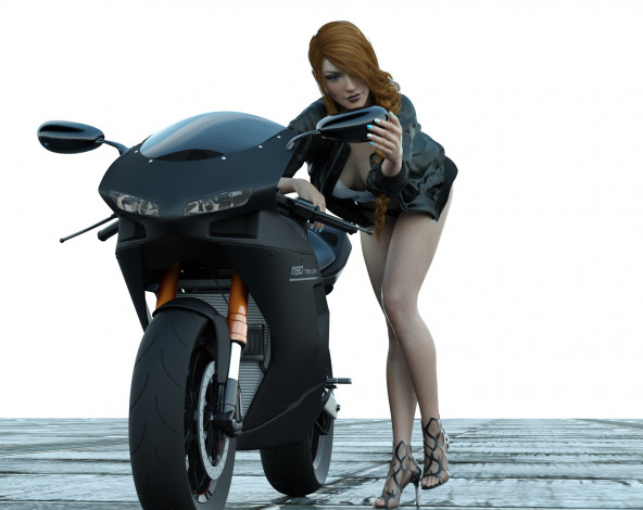 Обои картинки фото 3д графика, люди-авто, мото , people- car ,  moto, мотоцикл, фон, взгляд, девушка